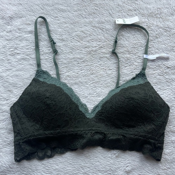 AERIE NWT REAL HAPPY WIRELESS LIGHTLY LINED GREEN LACE BRA - Picture 1 of 9